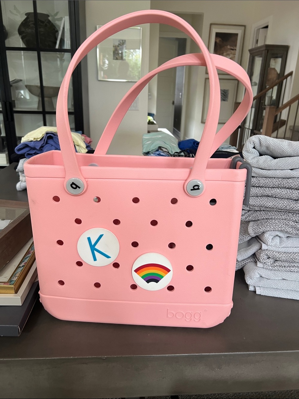 Pink Bogg Tote Bag with charms, bottle holder, and clear inside pouch